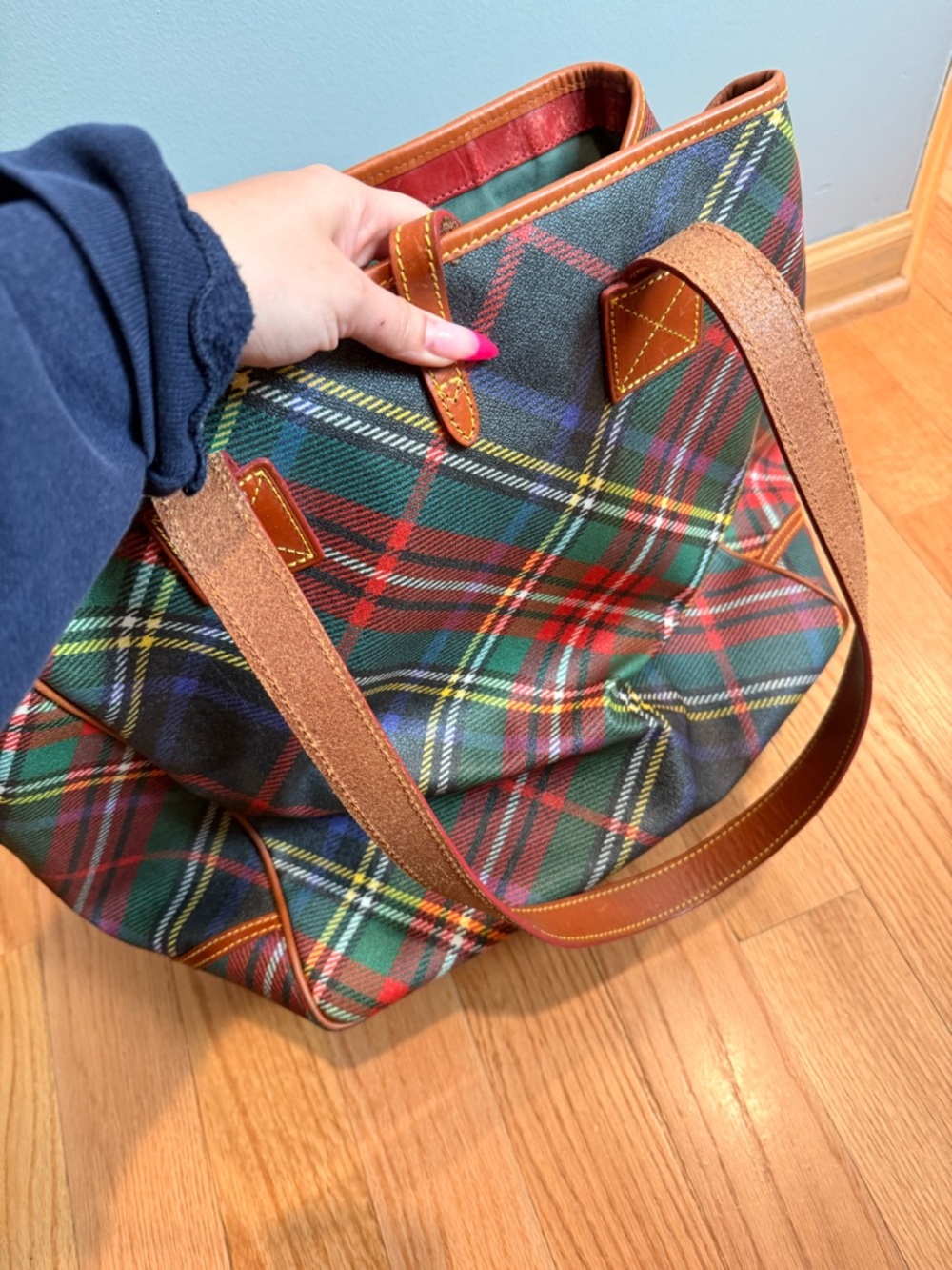 Dooney & Bourke Green Red Plaid Tote with Brown Trim - Picture 4 of 7